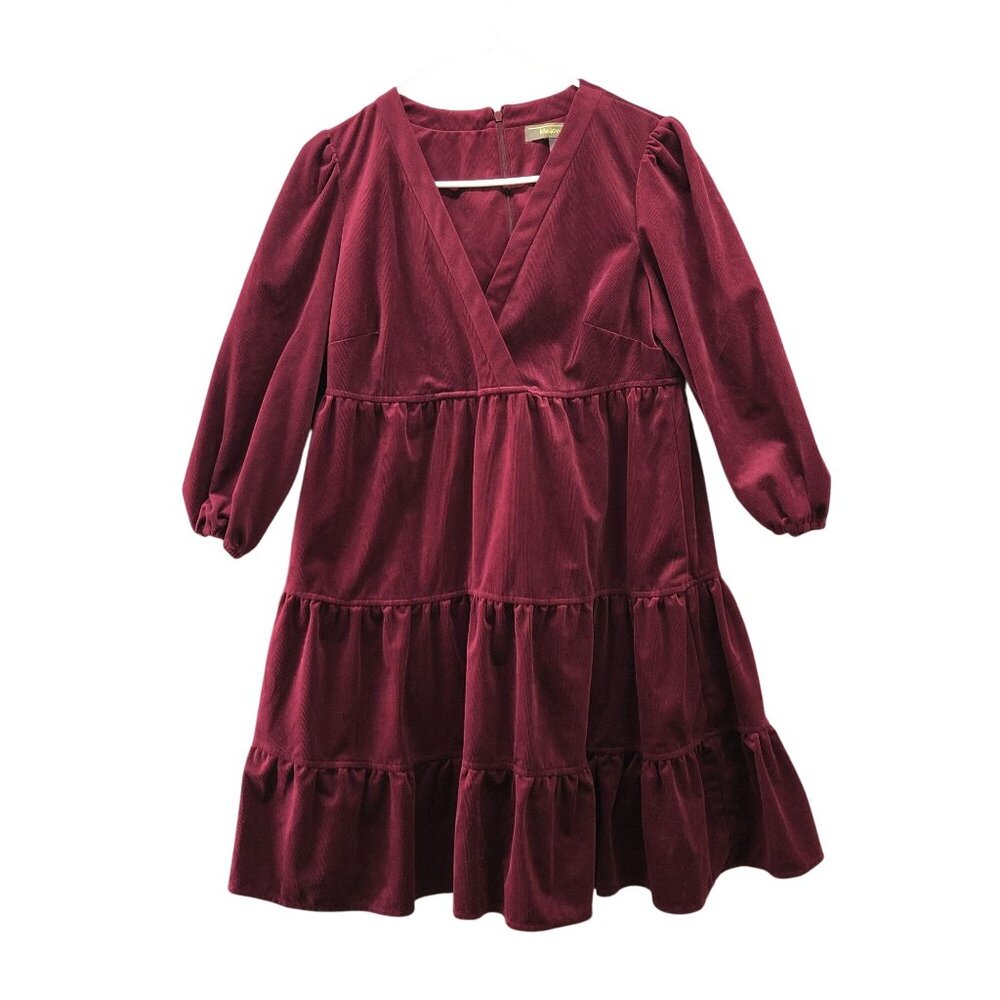 Melonie T Corduroy Dress‎ Womens 6 Wine Burgundy Tiered V-Neck 3/4 Sleeve